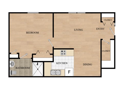 Floor plan for 1 bed, 1 bath, 620 sqft